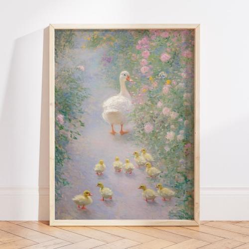 Monet Pastel Duckling Oil Painting Print, Whimsical French Country Art, Vintage Animal Nursery Wall Art