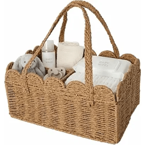 Diaper Caddy Organizer, Paper Rope Storage Baskets Nursery Bin with Removable Divider, Woven Scalloped Portable Car Organizer for Diapers, Baby Shower Gifts, Newborn Essentials Must Haves (Camel)