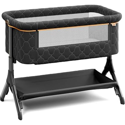 Pamo babe Bedside Bassinet for Baby, 3-in-1 Foldable Travel Bassinet with Wheels, Portable Baby Bassinet Adjustable Height, Storage Bag, Baby Bedside Sleeper Ideal Gift for Newborn Parents (Grey)