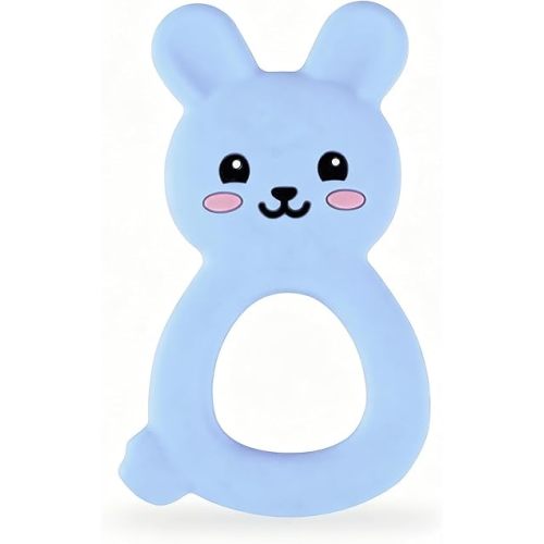 Silicone Bunny Baby Teether Toy for 3-12Months, Easy-Grip Chew Toy with Textured Ears for Sensory Exploration, Food-Grade Silicone, Freezable & Dishwasher Safe (Blue)