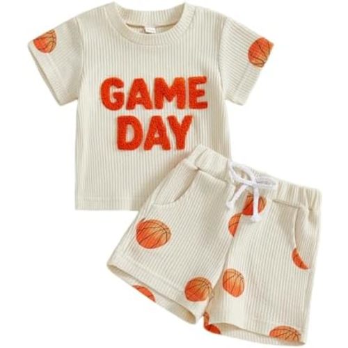 Baby Boys Basketball Outfits Short Sleeve Letter Embroidery Waffle Shirt and Shorts Set Toddler Football Clothes