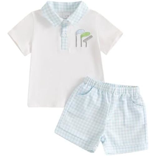 Toddler Baby Boy Summer Clothes Golf Embroidery Short Sleeve Collared Polo T Shirt Plaid Shorts Set Cute Outfits