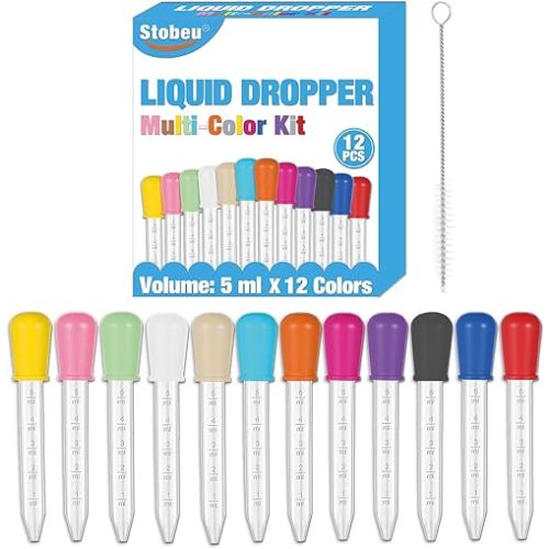 12-Piece Liquid Pipettes Droppers 5ML Set with A Clean Brush, 12 Colors Plastic Clear Pipettes for Kids with Silicone Bulb Tip, Medicine Eye Dropper for Feeding/Crafts/Candy Mold/Gummy Bear Maker/Oil