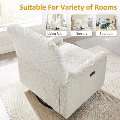 VANOMi Power Swivel Glider Recliner Chair, Electric Nursery Rocker Recliner Chair, USB & Type-C Charger, Boucle White