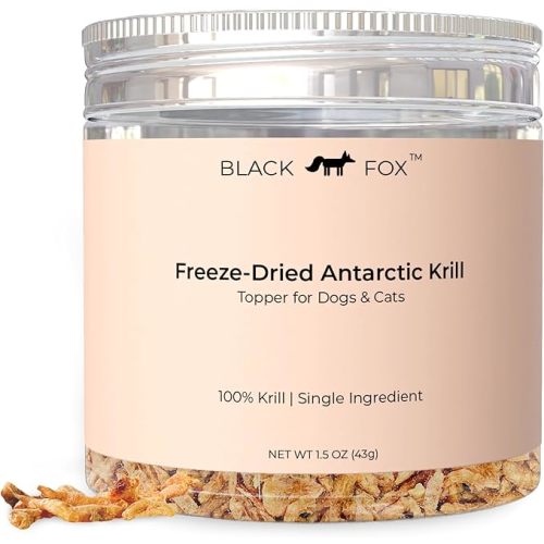BLACK FOX Freeze-Dried Antarctic Krill Dog Treats | Cat Treats | Cat Food Topper | Dog Food Topper | 1.5 oz Single Ingredient, Raw, Healthy, All Natural, Human Grade, Omega-3 Fish Oil