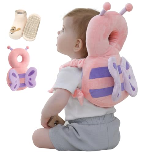 Baby Head Protector Backpack with Safety, Toddler Adjustable Head Protection for Baby Walking and Falling Crawling, 0.5-3 Years 6-36 Months, Pink Butterfly
