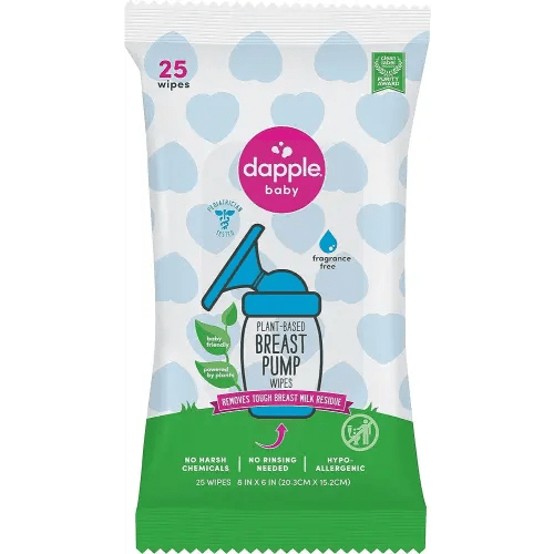 Breast Pump Wipes by Dapple Baby, 25 Count, Fragrance Free, Plant Based & Hypoallergenic Wipes - Removes Milk Residue, Leaves No Taste - Convenient Wipes Pouch