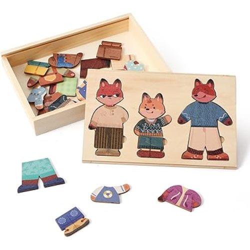 Wooden Dress-Up Puzzle for Ages 3+, Fox Family 17 Mix-and-Match Pieces with Storage Box, Montessori Matching Toy for Fine Motor & Imaginative Play, Birthday