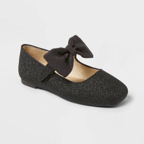 Toddler Girls' Juni Bow Ballet Flats - Cat & Jack™ Black 6T: Slip-On, Adjustable Strap, Square Toe