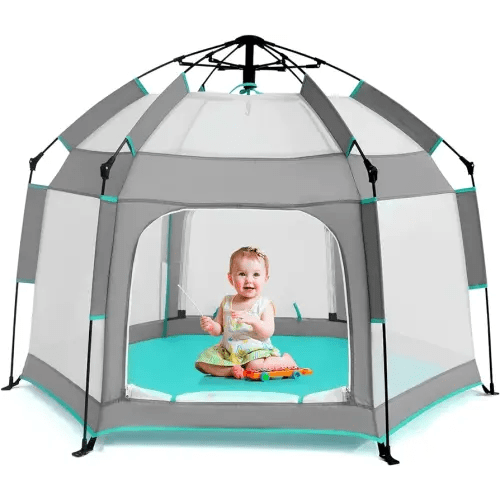 Baby Playpen with Canopy, Portable Baby Beach Tent, Toddler Play Yard Indoor and Outdoor, Foldable Mosquito Net for Infant - Grey