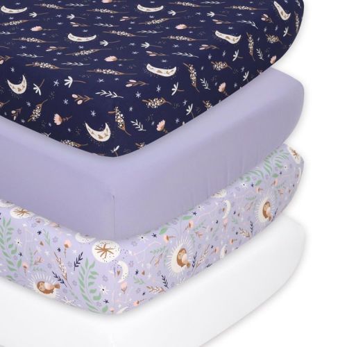 The Peanutshell Purple Floral Moon Celestial Microfiber Fitted Crib Sheets for Baby Girl, 4 Pack Set