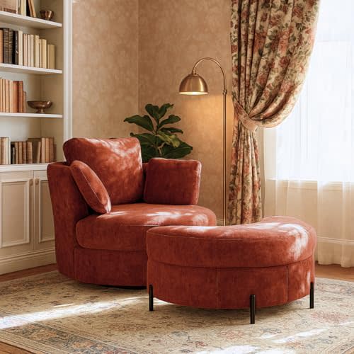 40.6''W Swivel Barrel Chair with Storage Ottoman, Chaise Lounge Single Couch Sofa with Footrest for Living Room, Apartment, Bedroom (Brick Red)