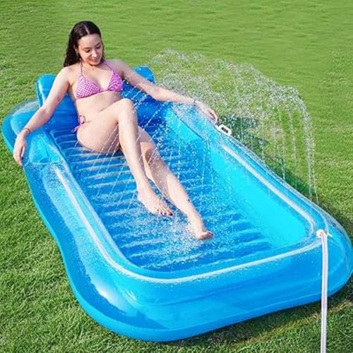 Inflatable Tanning Pool Lounger Float with Sprinkler, Pool Float Adult with Pillow & Cup Holder, Sunbathing Blow Up Tanning Bed, Suntan Tub Raft Floatie for Backyard Summer Water Party Extra-Large