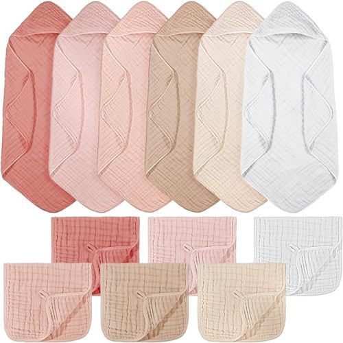 VitalCozy 12 Pcs Baby Muslin Hooded Bath Towels and Washcloths, 32 x 32 Inch Muslin Cotton Hooded Baby Towels Absorbent Hooded Blankets for Gift Newborn Infant Shower (Pink Beige Series)
