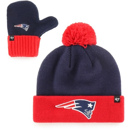Infant New England Patriots '47 Navy/Red Bam Bam Cuffed Knit Hat With Pom and Mittens Set