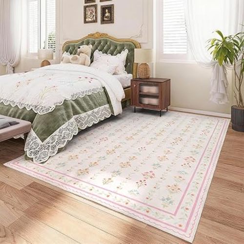 Pink Rugs for Bedroom Girls,5x8 Pink Floral Nursery Rug,Machine Washable Non Slip Carpet for Toddler Kids Room,Living Room,Playroom