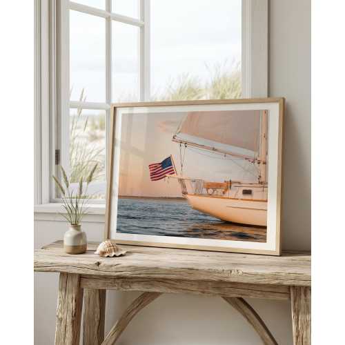 Sailboat Wall Art Print – Coastal Nautical Decor with American Flag at Sunset, Cape Cod Sailing Photography, Beach House Wall Art