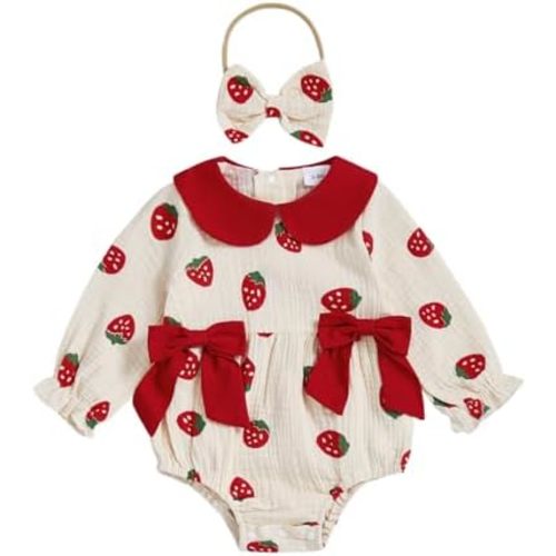 Fall Baby Girl Clothes Peter Pan Collar Strawberry Onesie Linen Bubble Romper Newborn Outfit Cute Girl Clothes