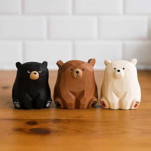 Hand-Carved Wooden Bear Figurines (Set of 3) – Rustic Animal Statues for Desk, Shelf & Home Decor