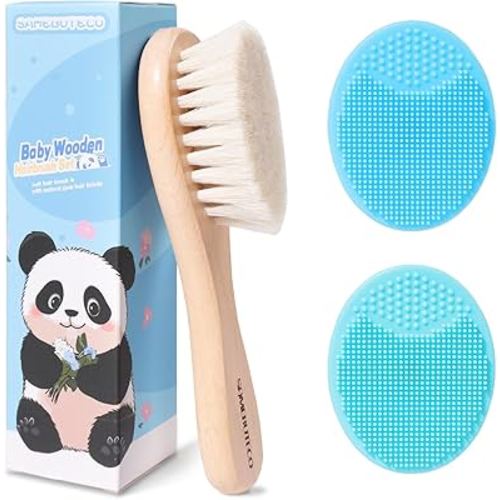 Baby Hair Brush and Cradle Cap Brush Set Goat Hair Bristles Brush 2 Pieces Silicone Cradle Cap Brushes Wood Handle Newborn Brush Kit for Newborns and Toddlers 3 Packs