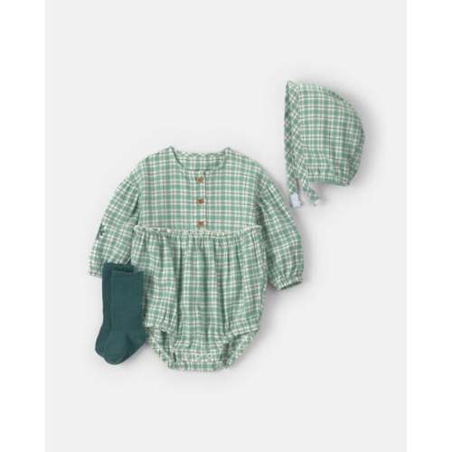Baby Girl 3-Piece Flannel Long-Sleeve Bubble Set - Green | Carter's