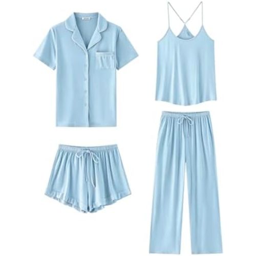 SAPJON Womens Soft Pajama Sets 4 Pcs Button Down Short Sleeve Top and Pants Cami and Ruffle Shorts Pjs Lounge Sets Sleepwear