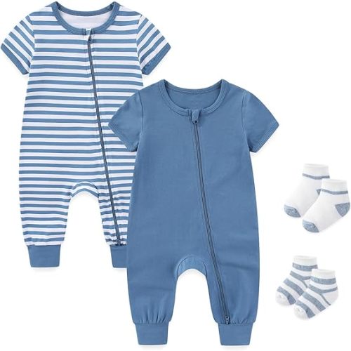 Baby Boy Girl 2-Pack Rompers with Socks 0-18M Toddler Unisex Zipper Short Sleeve Jumpsuits Clothes