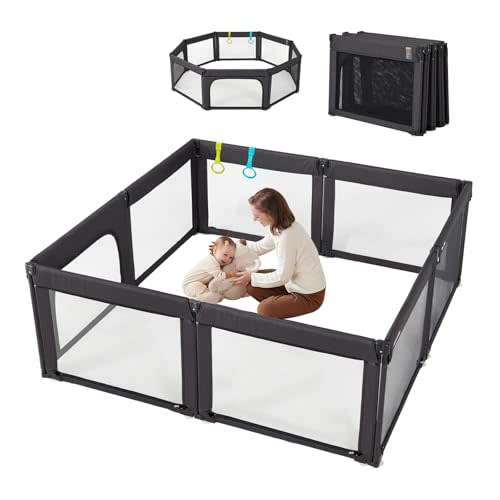Foldable Baby Playpen, Large Adjustable Baby Play Yard for Babies and Toddlers, Indoor Safety Mesh Playpen with Zipper Gate, Suction Cups, Padded Rails & Washable Fabric Covers, Black