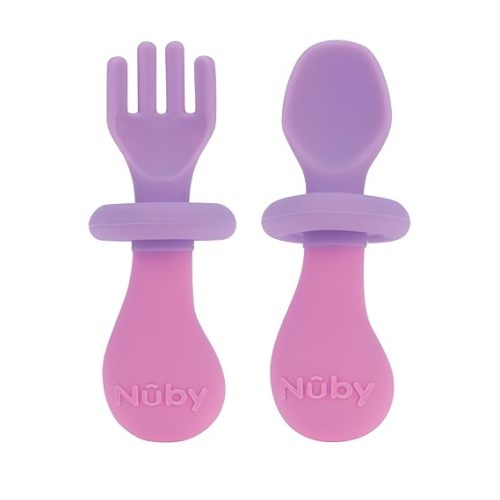 Nuby First Fork and Spoon Set - Utensils with Safety Guards for Babies 6+ Months - Purple and Pink