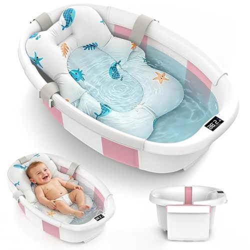 Collapsible Baby Bathtub for Newborn to Toddlers 0-36 Months, Large Baby Tub with Thermometer & Cushion, Easy Setup Foldable Travel Infant Bathtub, Newborn Babies Boy Girl Bath Tubs Grey