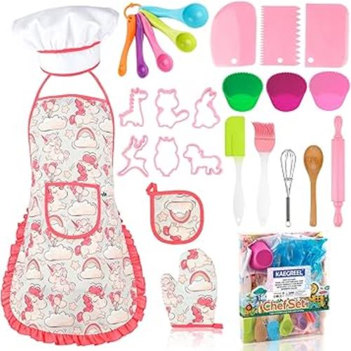 KAEGREEL Kids Baking Chef Set with Unicorn Apron, 26pcs Kid Cooking Set with Chef Hat Spoons Whisk, Chef Role Play Gifts for Boys Girls Aged 3+, Pink