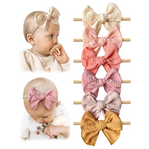 Cherssy Baby Girl Muslin Headbands, 6pcs Cotton Baby Bows for Newborns
