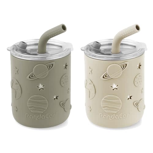PandaEar 2 Pack Stainless Steel Toddler Cups with Lids & Silicone Sleeves | 8.8 oz Spill Proof Sippy Cups with Straw Stopper & Teething-Friendly Straws for Kids & Babies (Beige & Khaki)