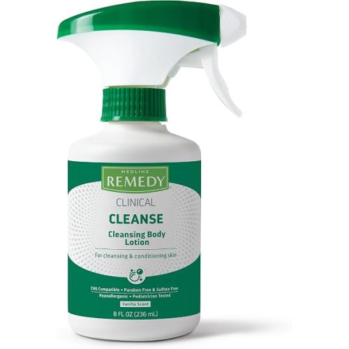 Medline Remedy Clinical Cleansing Body Lotion, 8 Oz Spray Bottle, Vanilla Scent, No-Rinse Bedside Cleanser, Incontinence Care, Moisturizing, Skin Conditioning, Nutrient Rich, Sulfate-Free, Men, Women
