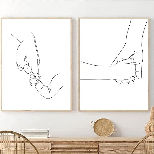Mom & Baby Hands Line Art Prints Fashion Women Art Print Newborn Gifts Line Prints for Wall Decor Black And White Line Art Wall Decor Family Love Canvas Wall Art for Nursery Kids Room Decor Frameless (Line Art Prints-C, 16x20Inch Unframed)