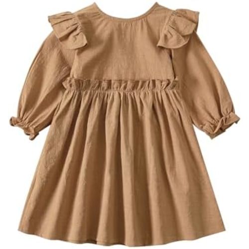 Goodplayer Toddler Girl Cotton Linen Dress Long Sleeve Ruffle Fall Dress Kids Solid Dresses Casual Clothes