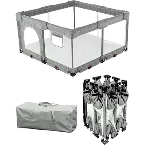 Foldable Baby Playpen with Non-Removable Thick Mat, Extra Large Collapsible Play Yard for Babies & Toddlers, Portable Travel Playpen with Gate, Safe Activity Center (51"×51" Grey)