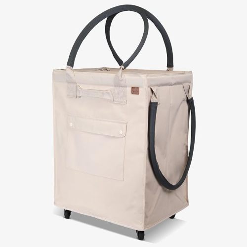 CleverMade Collapsible Rolling Hauler Tote, 90L, Holds 75 lb, Cream | Roll Heavy Loads Instead of Carrying Them | Padded Handles Add Comfort, Zippered Lid Contains Gear, and the Tote Folds Flat