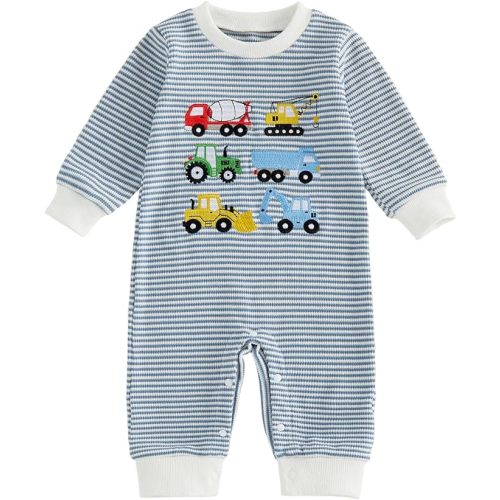 FOCUSNORM Baby Boy Fall Clothes Newborn Winter Outfit Truck Embroidered Jumpsuit Waffle Striped Long Sleeve Romper Onesie