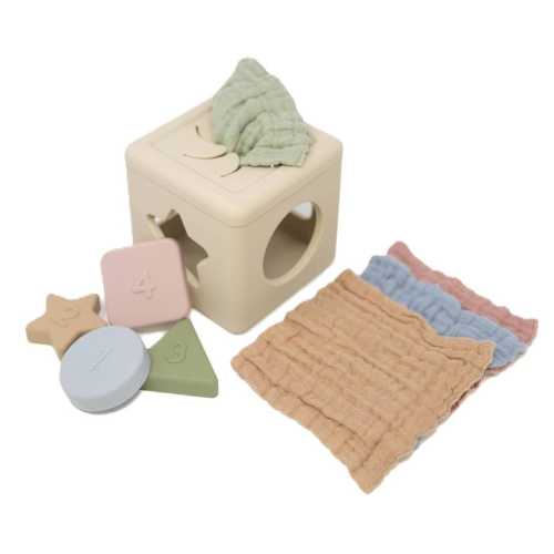 Silicone Shape Sorter & Tissue Box Toy with Organic Muslin Cotton Cloths - Baby Toys for Development - Montessori Learning Non-Toxic Toy