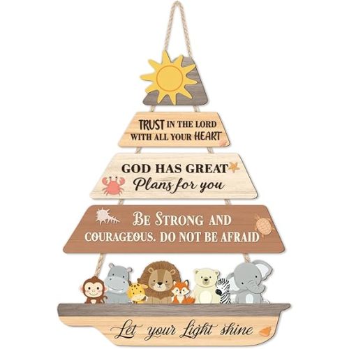HLNIUC Funny Bible Verse Animal Wall Sign,Safari Animals Christian Wooden Sign,Lion Bear Elephant Door Hanger,Let Your Light Shine Hanging Plaque,Inspirational Scripture Room Decor for Bedroom Home