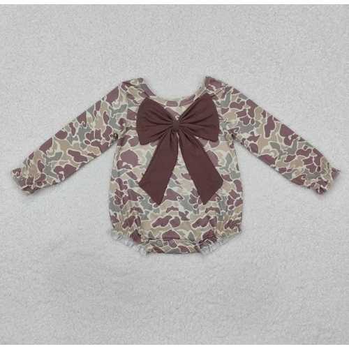 Camo Baby Girl Romper with Bow | Neutral Camouflage Baby Outfit | Rustic Boutique Baby Bodysuit | Trendy Fall Baby Girl Outfit