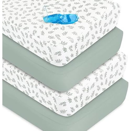 Biloban 4-Pack Crib Sheets Waterproof for Boys Girls 52x28x8in(Green+Leaf)