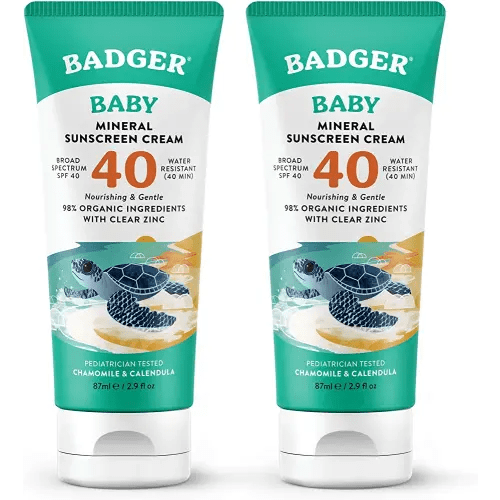 Badger Mineral Baby Sunscreen Cream SPF 40, 98% Organic Toddler Sunscreen with Zinc Oxide, Broad Spectrum, Reef Safe, Water Resistant, Pediatrician Tested Baby Sunblock, 2.9 fl oz, 2-Pack