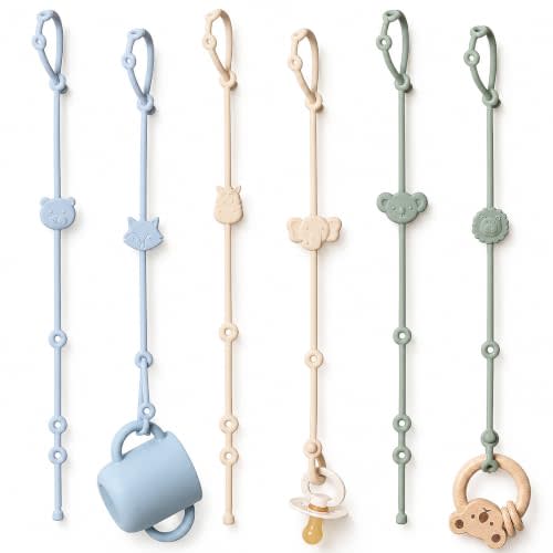 ROCCED Toy Straps for Baby 6pcs, Silicone High Chair Toys Straps Stroller Accessories Toddler Bottle Strap Car Seat Toys Baby Travel Essential Silicone Ivory+Sage+Blue