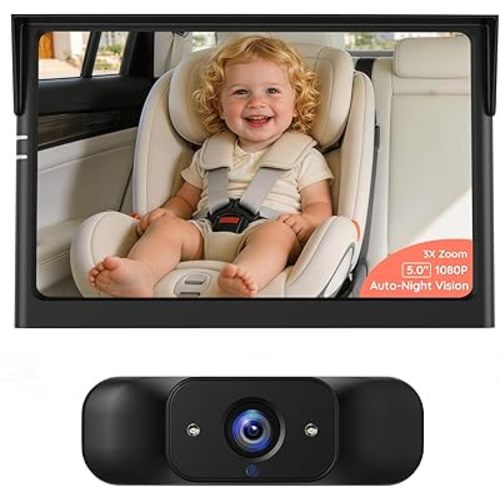 LUCKVIEW BM1 Baby Car Camera for Back Seat & Pet Monitoring, 5'' 1080P Monitor with IR Night Vision, 3X Zoom, Crystal Clear View, Easy 5-Min Wired Installation for Peace of Mind