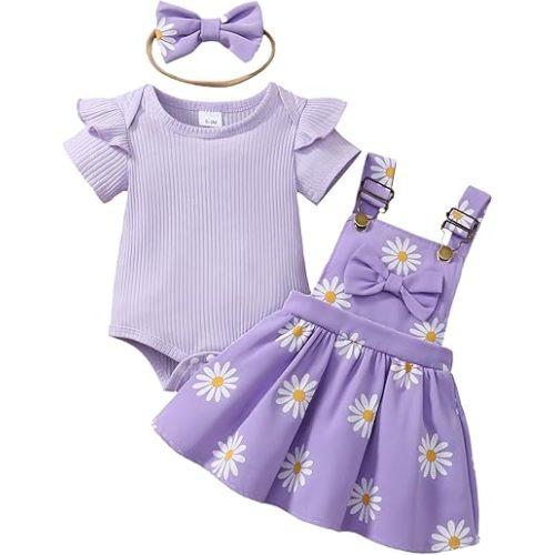 Newborn Baby Girl Summer Overall Dress Infantl Short Sleeves Ribbed Romper Bow Skirt Set 3Pcs Outfits