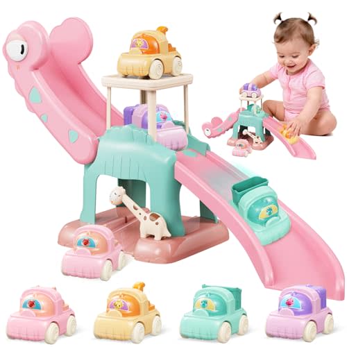 Dinosaur Slide for Toddlers 1-3, Car Ramp Race Track with 4 Push Cars, Pink | Battery-free indoor ramp with giraffe gate, seesaw & parking platform — screen-free birthday gift for boys & girls 1-3