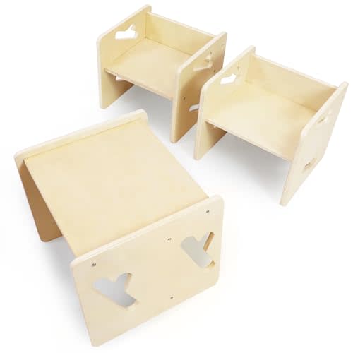 Puecrof 3 Sets Montessori Weaning Table and Chair Solid Wooded Toddler Table and Chair Set Kids Montessori Furniture