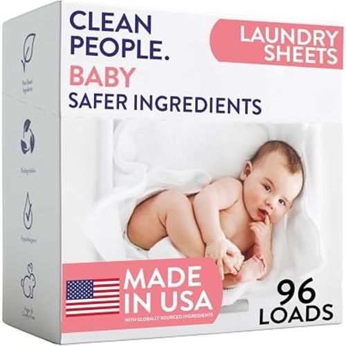 The Clean People Unscented Baby Laundry Detergent Sheets - Hypoallergenic - Ultra Concentrated, Recyclable Packaging, Fights Stains & Odors on Baby Clothes & Bedding - Fragrance Free, 96 Pack